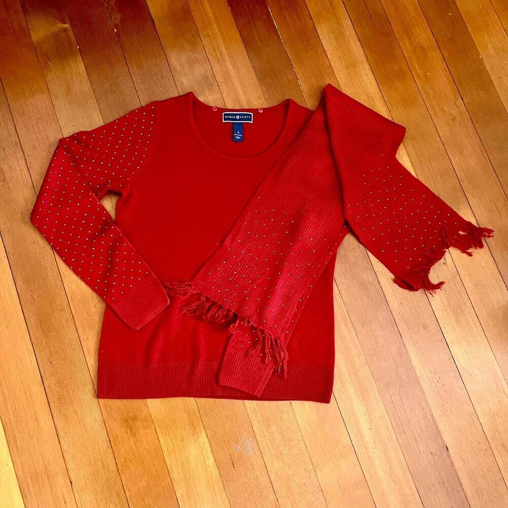 Karen Scott Red Sweater & Scarf Set with Metal Embellishments, Size Small